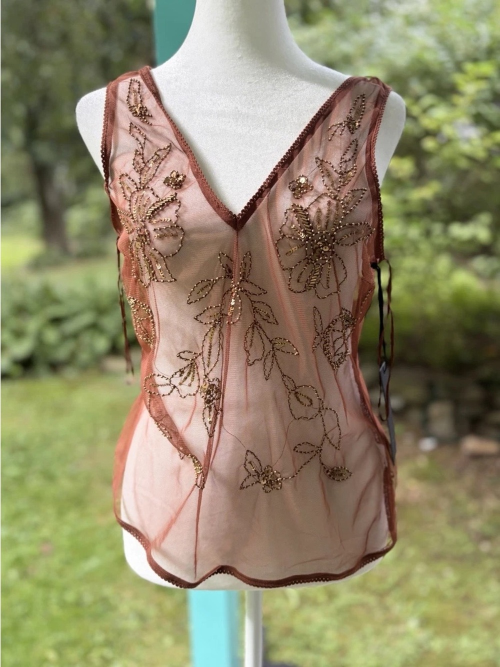Sheer Embellished Brown V-Neck Mesh Tank Top - Picture 15 of 17
